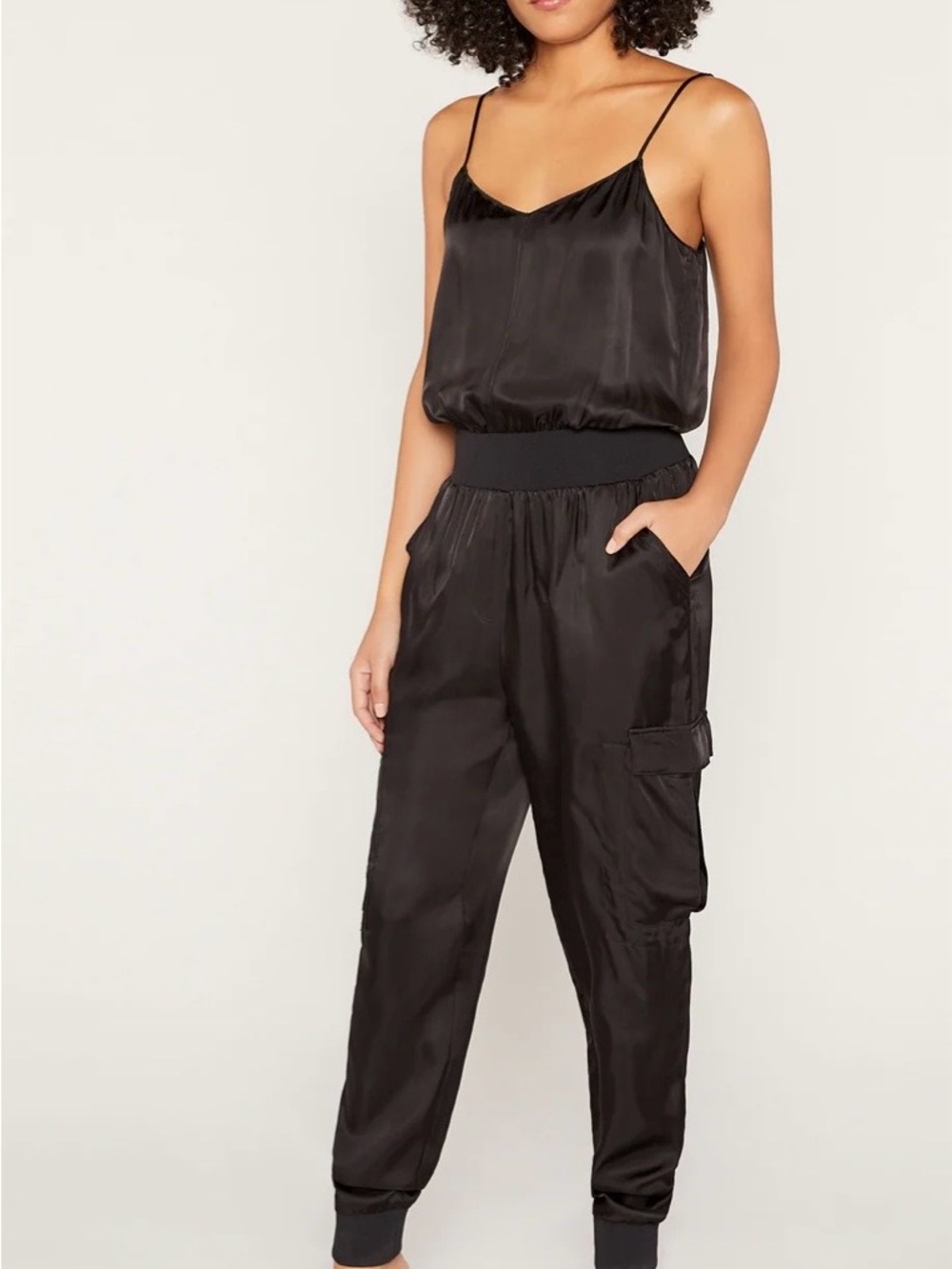 cinq a sept  Twill Amia Black Satin Cargo Jogger Jumpsuit